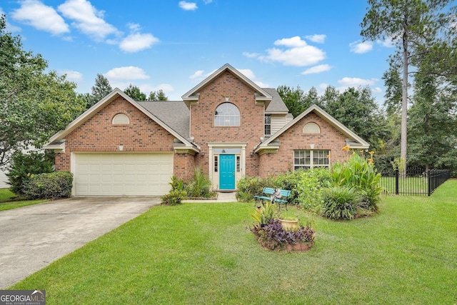 front facade with a garage and a front lawn