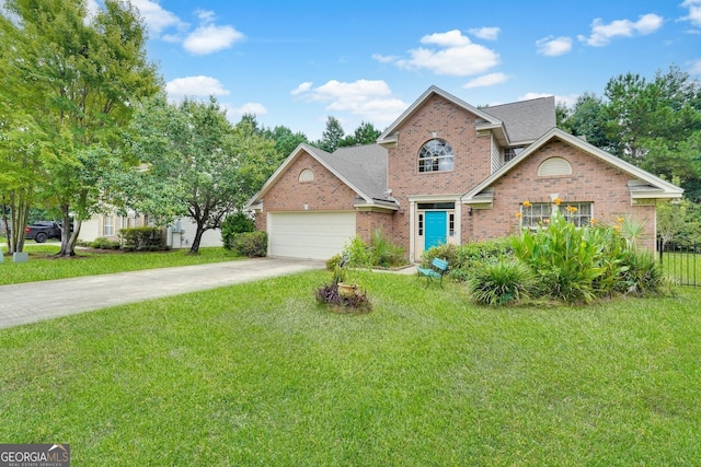 view of front of home with a garage and a front lawn