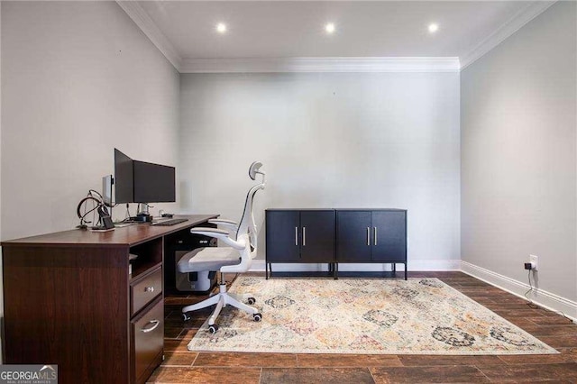 office space featuring crown molding and dark hardwood / wood-style floors