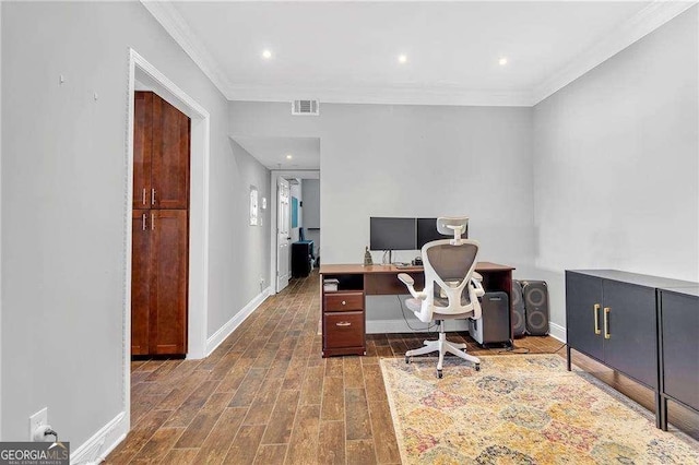 office space with dark wood-type flooring and ornamental molding