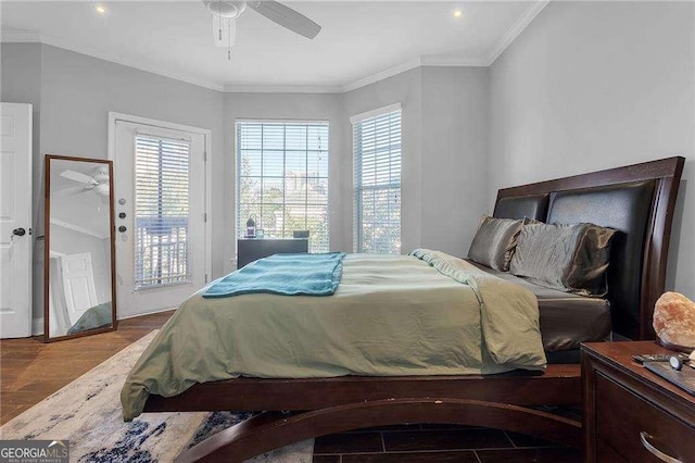 bedroom with crown molding, hardwood / wood-style flooring, access to outside, and ceiling fan