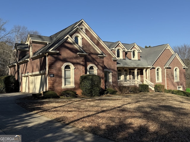 view of front of home featuring brick siding, a porch, driveway, and a garage