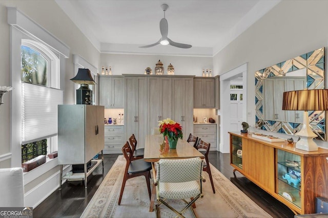 dining space featuring dark hardwood / wood-style flooring, a wealth of natural light, and ceiling fan