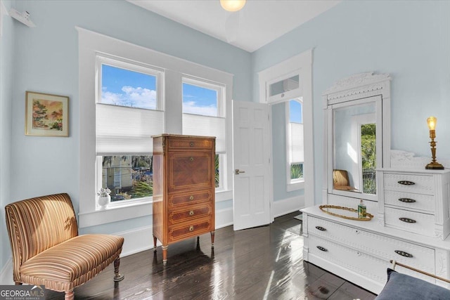 sitting room featuring plenty of natural light and dark hardwood / wood-style floors