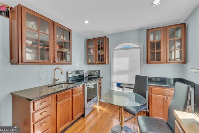 kitchen with sink, stainless steel range with electric cooktop, and light wood-type flooring