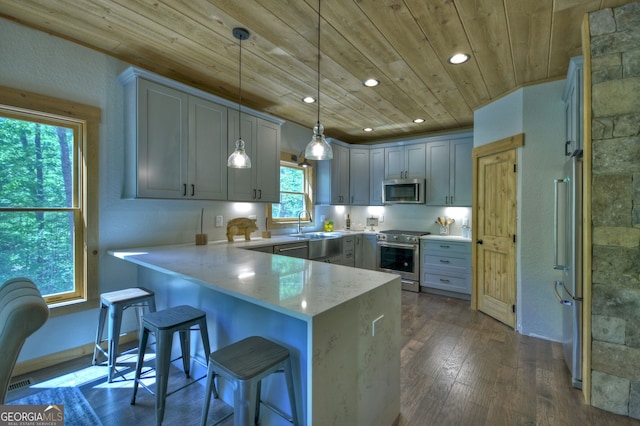 kitchen featuring wood ceiling, stainless steel appliances, a kitchen bar, decorative light fixtures, and kitchen peninsula