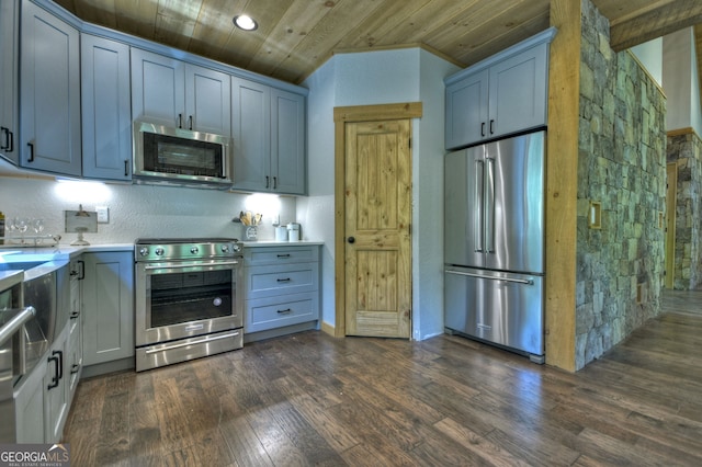 kitchen featuring high end appliances, wood ceiling, dark hardwood / wood-style floors, and gray cabinetry