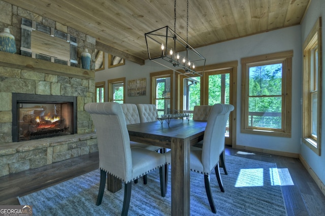 dining room featuring a fireplace, wooden ceiling, dark hardwood / wood-style floors, and vaulted ceiling