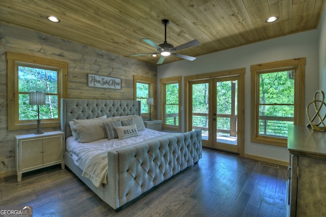 bedroom with access to exterior, dark hardwood / wood-style floors, wooden ceiling, and french doors