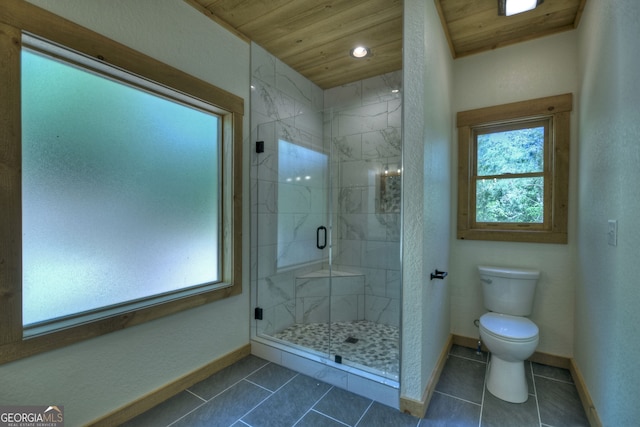 bathroom featuring toilet, tile patterned flooring, and wooden ceiling