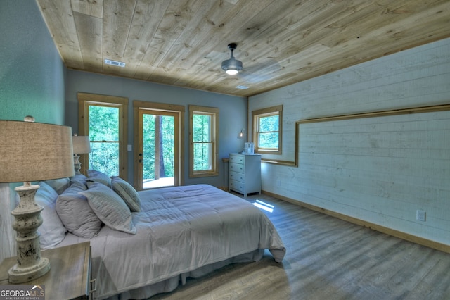 bedroom with hardwood / wood-style floors and wooden ceiling