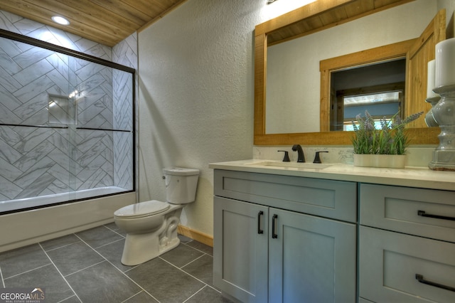 full bathroom with wood ceiling, enclosed tub / shower combo, tile patterned flooring, vanity, and toilet