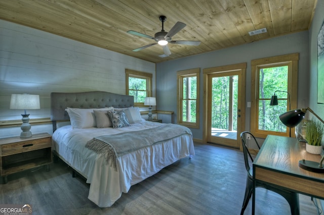 bedroom featuring access to exterior, hardwood / wood-style floors, multiple windows, and wooden ceiling