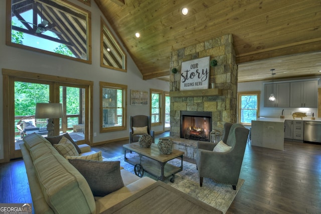 living room with high vaulted ceiling, a fireplace, wooden ceiling, and dark hardwood / wood-style floors