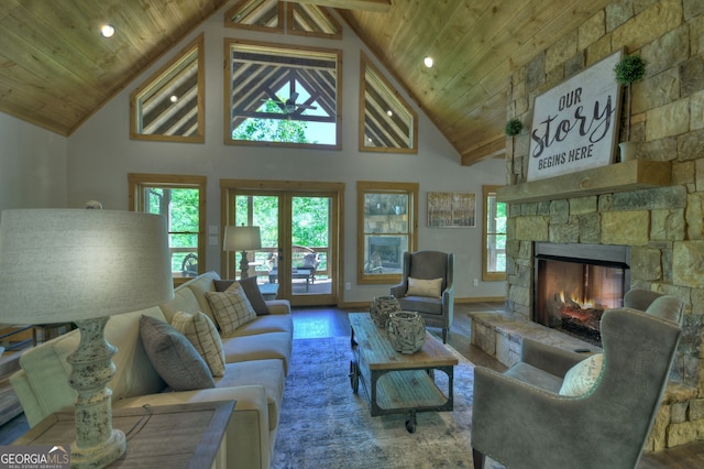 living room featuring hardwood / wood-style floors, a stone fireplace, and a healthy amount of sunlight