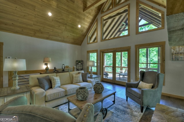 living room with wood-type flooring, wood ceiling, high vaulted ceiling, and french doors