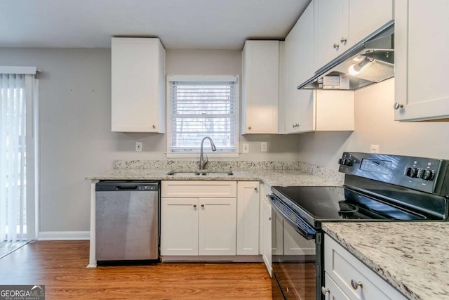 kitchen with black range with electric stovetop, stainless steel dishwasher, sink, and white cabinets