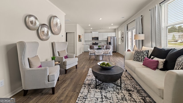 living room featuring crown molding and dark hardwood / wood-style floors