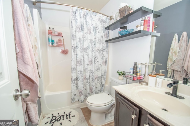 full bathroom featuring tile patterned flooring, vanity, shower / bathtub combination with curtain, and toilet