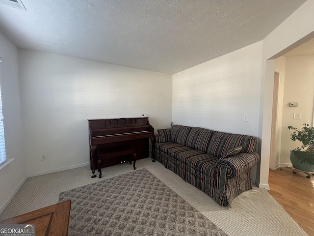 living room with a textured ceiling