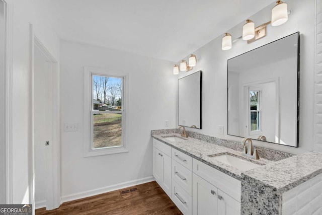 bathroom featuring vanity and hardwood / wood-style floors