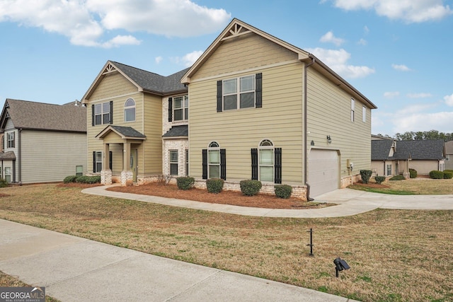 craftsman-style home with a garage and a front lawn