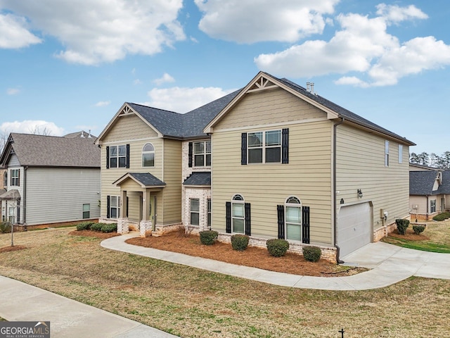 craftsman-style house with driveway, a front lawn, roof with shingles, and an attached garage