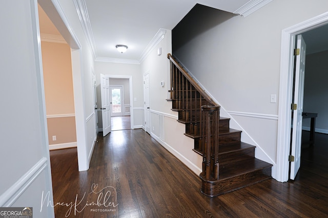 4804 Brittany Dr, Macon, GA 31210 - entrance foyer featuring stairs, dark wood-type flooring, and crown molding