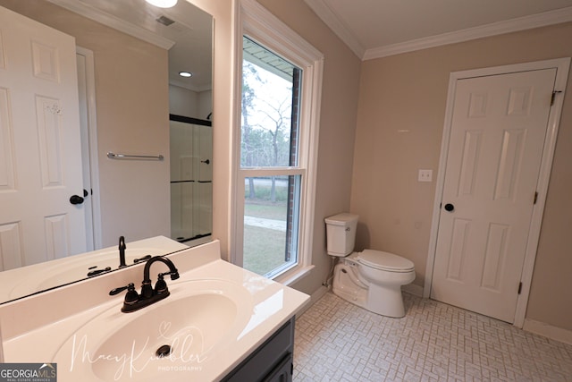 4804 Brittany Dr, Macon, GA 31210 - full bath with vanity, crown molding, a shower with shower door, and plenty of natural light