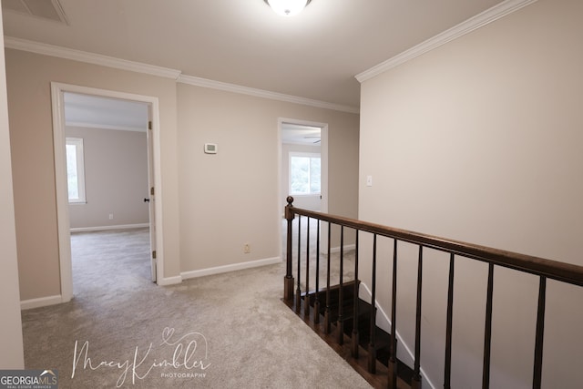 hall with crown molding and light carpet