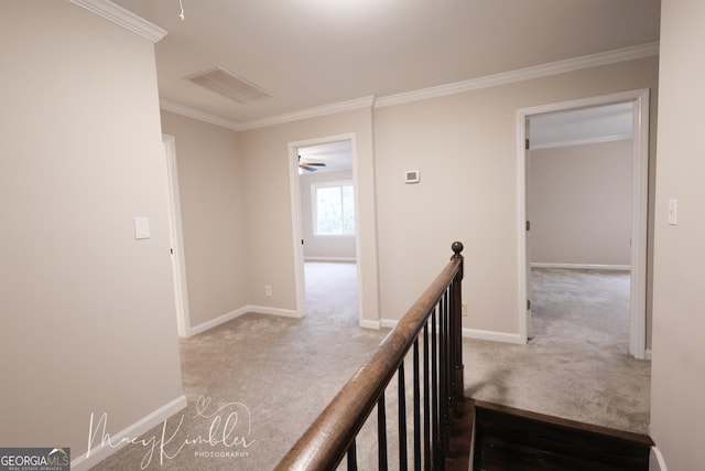 hall with ornamental molding and light colored carpet