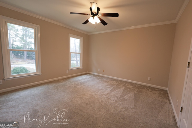 empty room with ceiling fan, light colored carpet, and ornamental molding