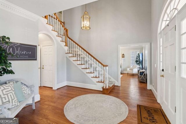 entryway with a towering ceiling and wood-type flooring