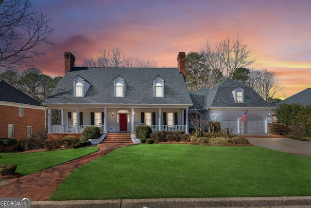 cape cod house featuring a garage, covered porch, and a lawn