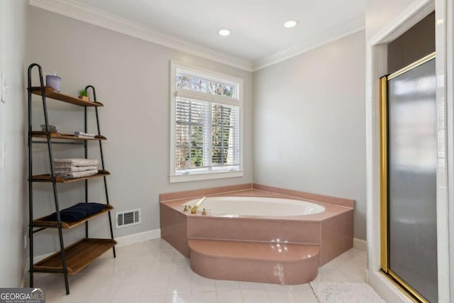 bathroom featuring tile patterned flooring, crown molding, and shower with separate bathtub