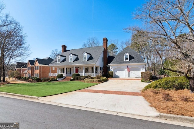 cape cod house with a garage, a front lawn, and covered porch