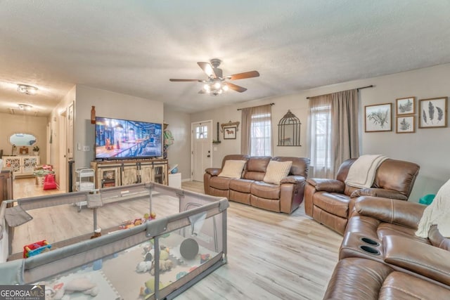 living room featuring ceiling fan, a textured ceiling, and light hardwood / wood-style floors