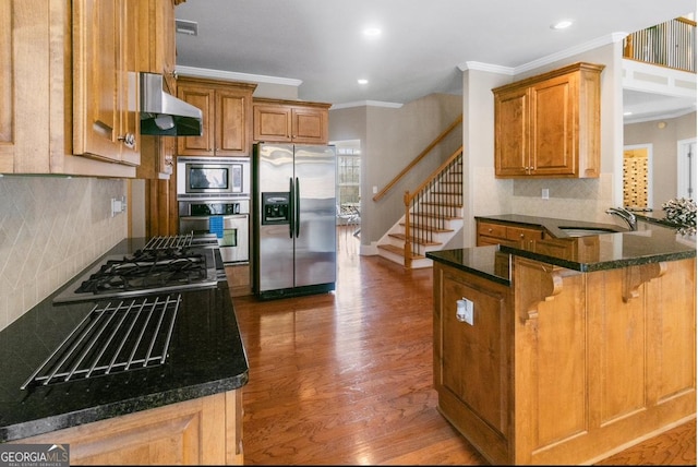 kitchen featuring sink, appliances with stainless steel finishes, dark hardwood / wood-style floors, ventilation hood, and kitchen peninsula