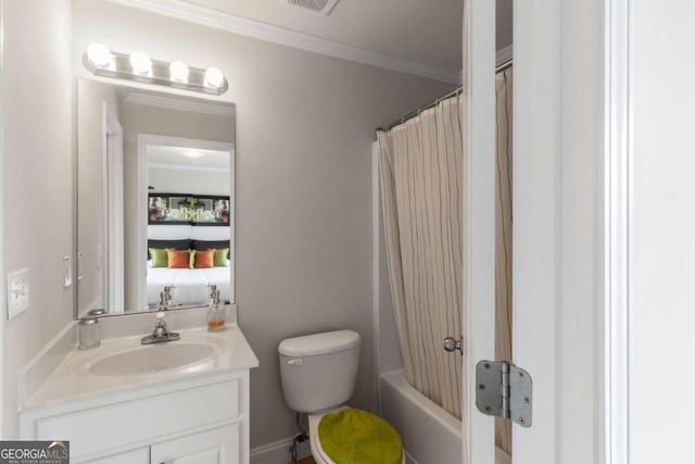 full bathroom with crown molding, vanity, toilet, and shower / bath combo