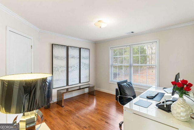 office with crown molding and wood-type flooring