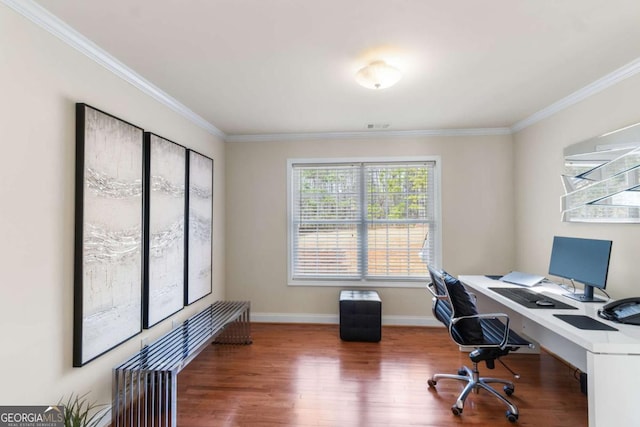 office area featuring ornamental molding and dark hardwood / wood-style flooring