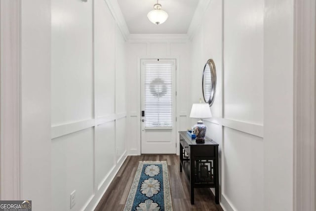 entryway featuring crown molding and dark hardwood / wood-style flooring