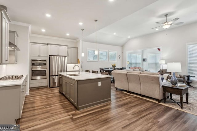 kitchen with sink, gray cabinets, an island with sink, and appliances with stainless steel finishes