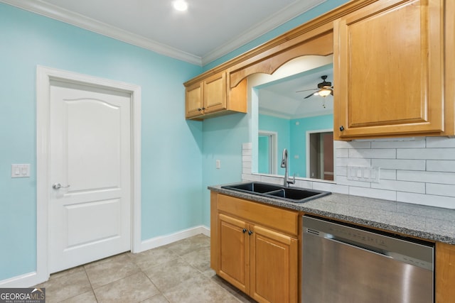 17 Coastal Walk, Saint Marys, GA 31558 - kitchen with sink, stainless steel dishwasher, ornamental molding, ceiling fan, and backsplash