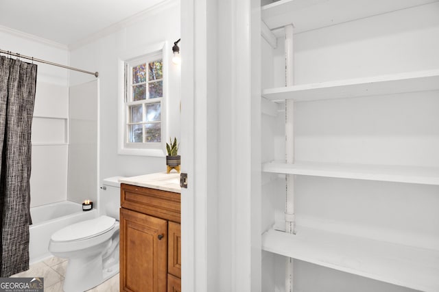 full bathroom featuring ornamental molding, vanity, toilet, and shower / bath combo