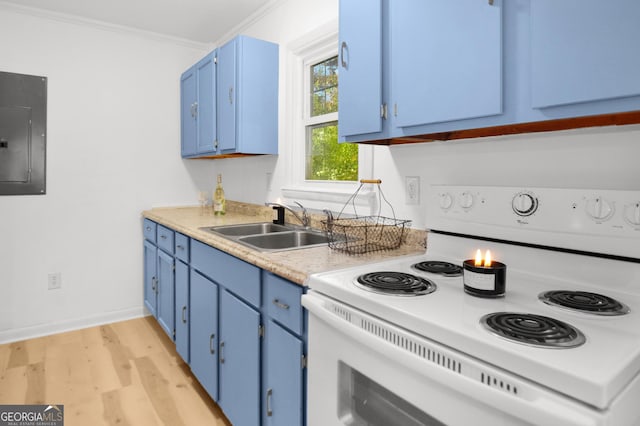 kitchen featuring sink, crown molding, blue cabinetry, electric range, and electric panel