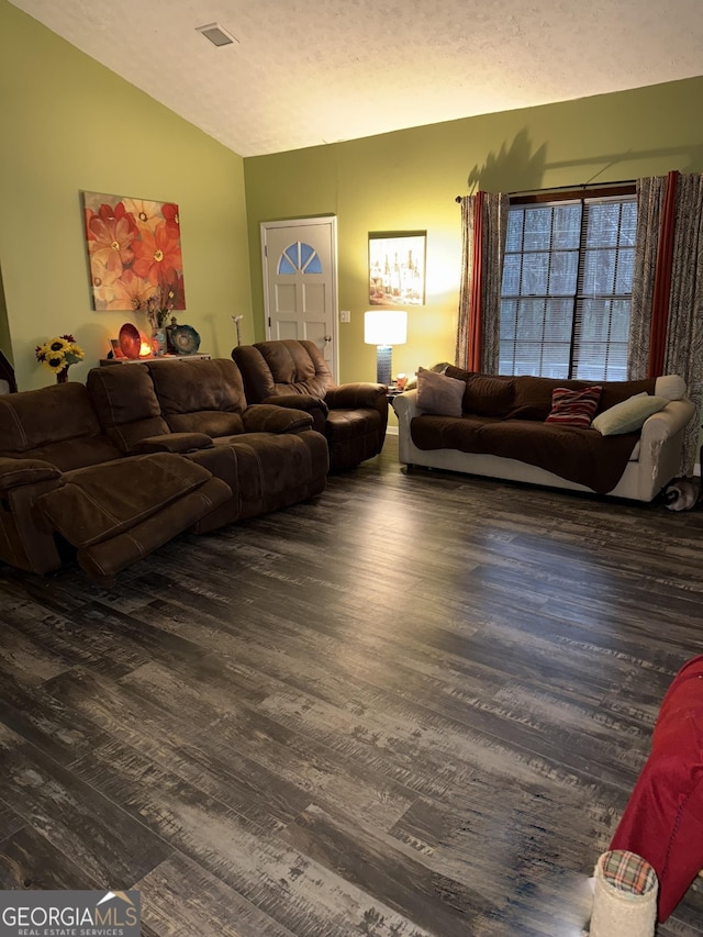 living room with lofted ceiling, a textured ceiling, and dark hardwood / wood-style flooring