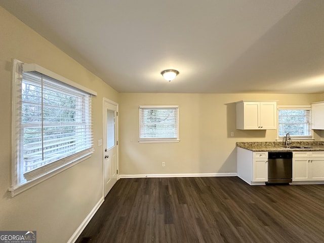 kitchen featuring white cabinetry, dark hardwood / wood-style flooring, stainless steel dishwasher, and dark stone counters