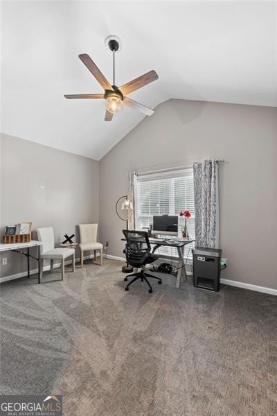 carpeted office space with lofted ceiling and ceiling fan