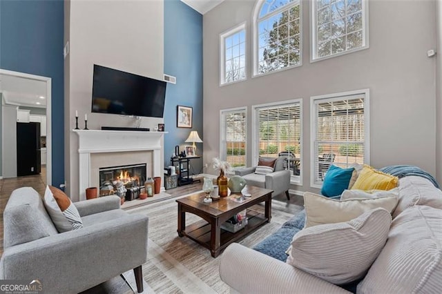 living room featuring a high ceiling and light wood-type flooring